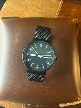 Skagen Black Dial Men's Watch with Yellow Seconds Hand